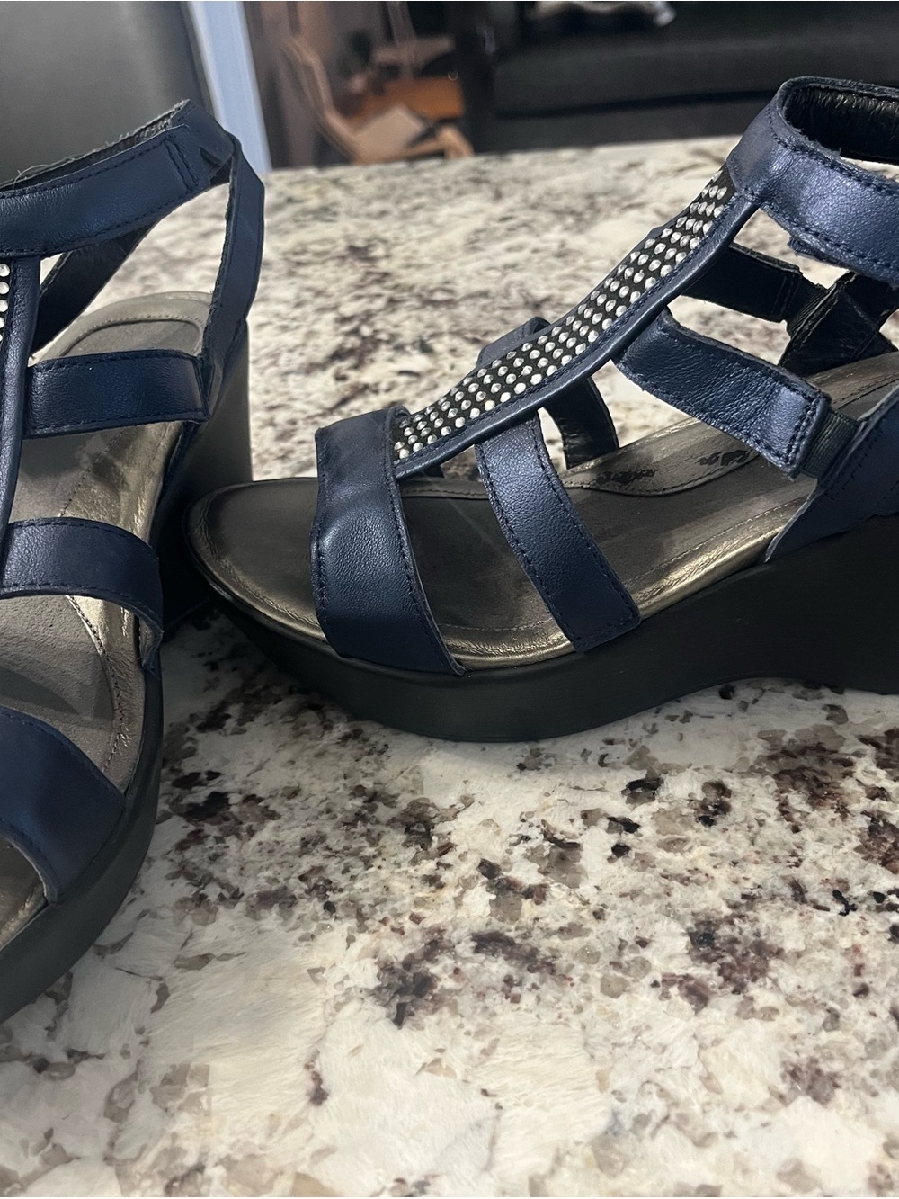 Women’s Navy Wedge Sandals with Embellished T-Strap